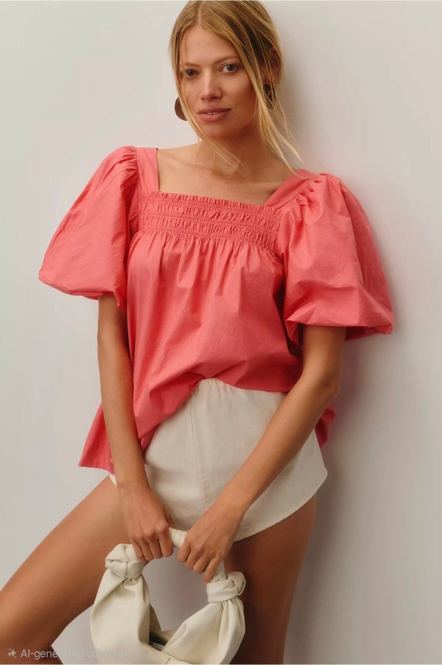 Anthropologie Puff-Sleeve Smocked Blouse.  Size L. 100% Cotton. Retails $98